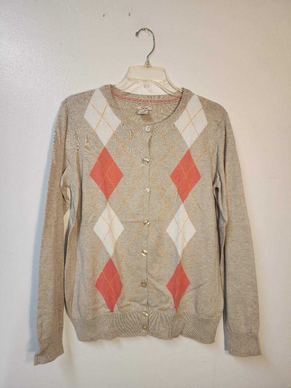 Izod XL tan coral white argyle cardigan sweater XL transition